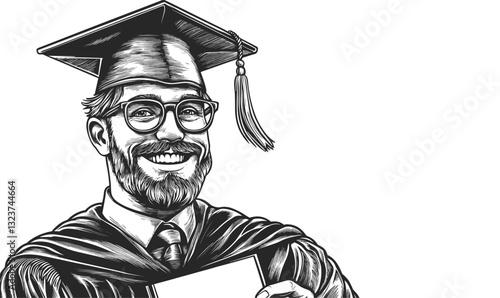 Happy graduate holding diploma in cap and gown, vector, linear icons set.