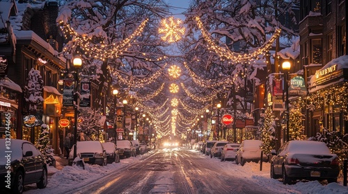 Wallpaper Mural Festive holiday streetscape with snow-covered trees and brilliant lighting Torontodigital.ca