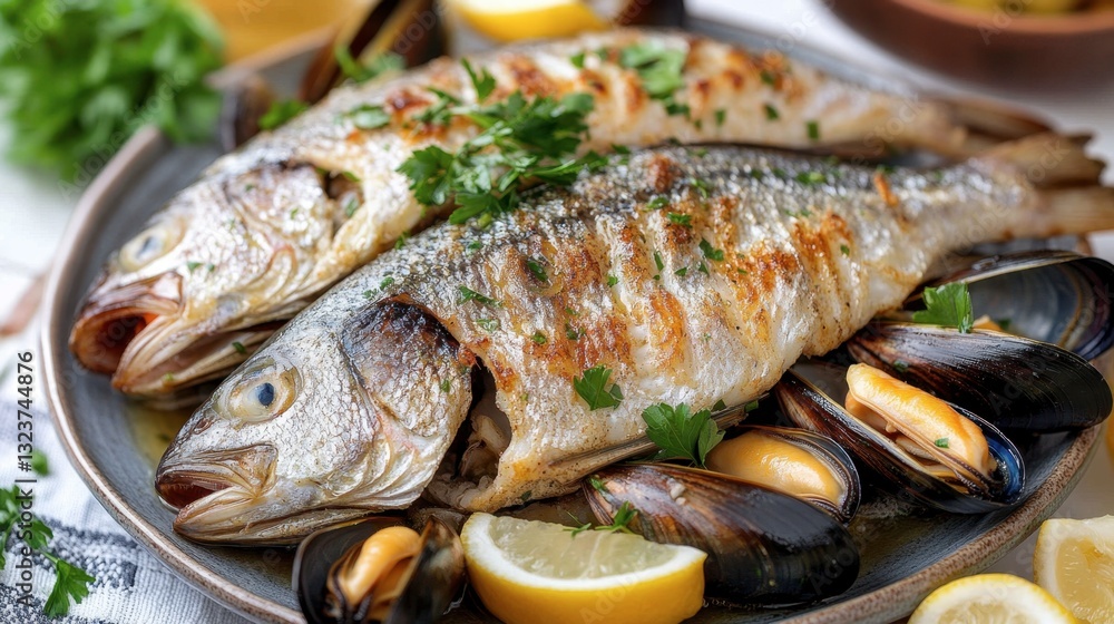 Steamed fish fillets with mussels and shrimp, served with a fragrant garlic butter sauce and garnished with fresh parsley. Steamed fish fillets with mussels and shrimp, served with a fragrant garlic butter sauce and garnished with fresh parsley.