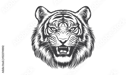 Fierce tiger head with roaring expression, vector, linear icons set.