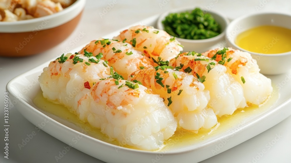 Steamed seafood medley with prawns, lobster, and clams, beautifully plated on a white dish with a side of garlic butter. Steamed seafood medley with prawns, lobster, and clams, beautifully plated on a white dish with a side of garlic butter.