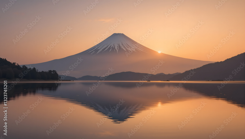 Naklejka premium Majestic Mount Fuji with Snow-Capped Peak and Reflection