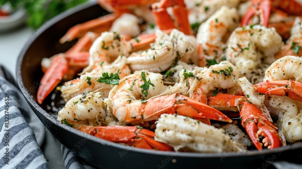 Steamed shrimp and crab claws with garlic butter and herbs, served in a sizzling dish. Steamed shrimp and crab claws with garlic butter and herbs, served in a sizzling dish.