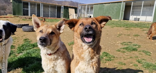 Foto A group of adorable large mixed breed rescue dogs enjoying a sunny day outside o
