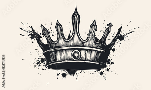 Ornate crown with ink splatter elements in linear styles icons set - vector.