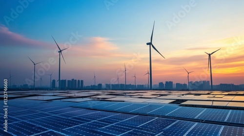 Wind turbines and solar panels complementing each other at an industrial facility, reinforcing the importance of clean energy sources.