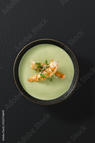 A creamy broccoli soup with shrimp, served in a restaurant-style presentation. Smooth texture, rich green color, and seafood garnish. Captured under studio lighting from a top-down perspective