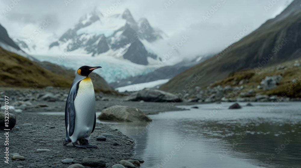 Obraz premium A lone penguin stands by a serene river in an icy landscape, framed by majestic snow-capped mountains under a cloudy sky, epitomizing solitude and wonder.