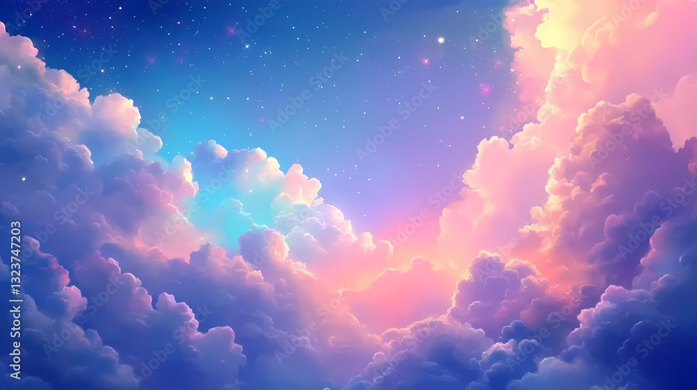 Dreamy purple clouds and stars in blue sky Dreamy purple clouds and stars in blue sky