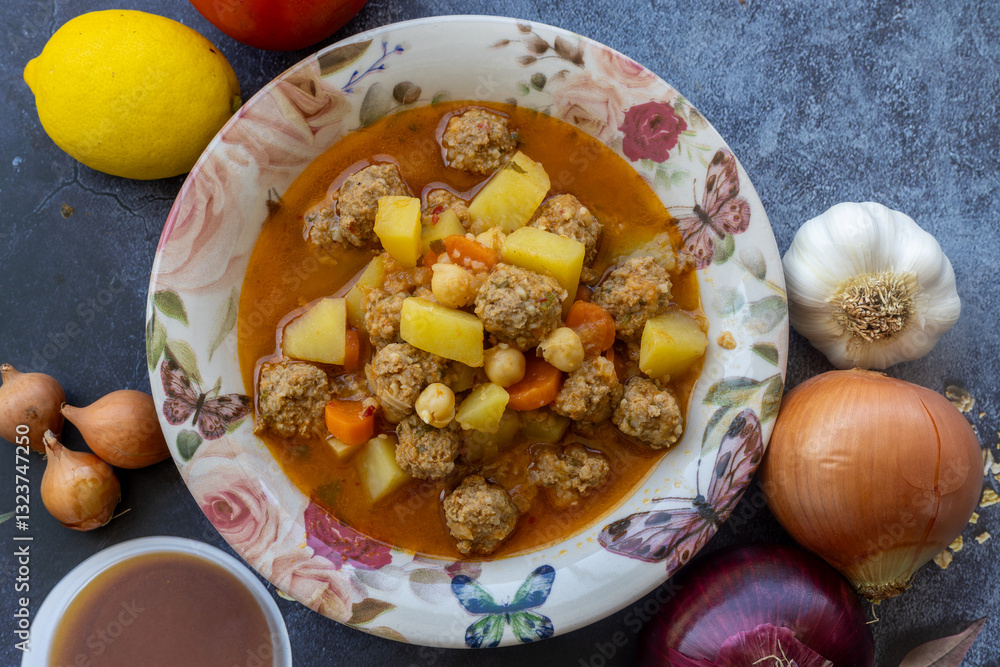 Round meatballs kneaded with bulgur, potatoes, carrots, chickpeas. Turkish name: Juicy meatballs with fine bulgur