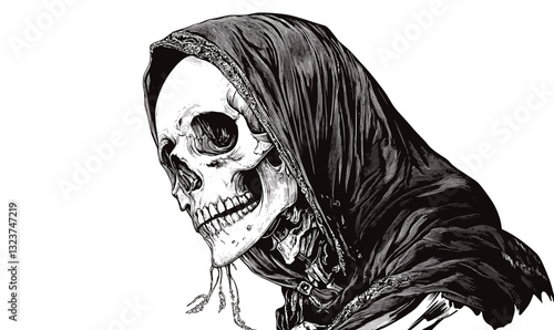 Grim reaper portrait in hooded cloak: monochrome skull vector, dark gothic style, icons set.