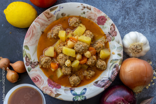 Obraz na płótnie Round meatballs kneaded with bulgur, potatoes, carrots, chickpeas. Turkish name: Juicy meatballs with fine bulgur w salonie