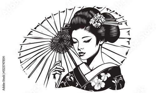 Traditional japanese geisha with umbrella, floral hair, and kimono vector, linear icons set.