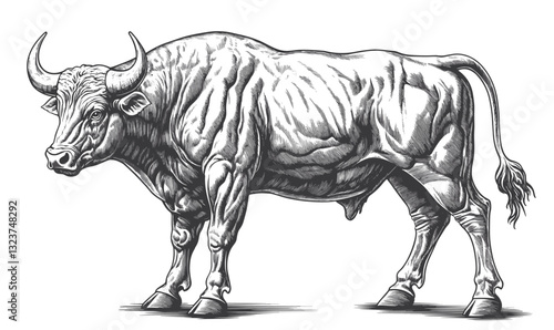 Powerful bull sketch in profile view - linear animal icons set, vector.