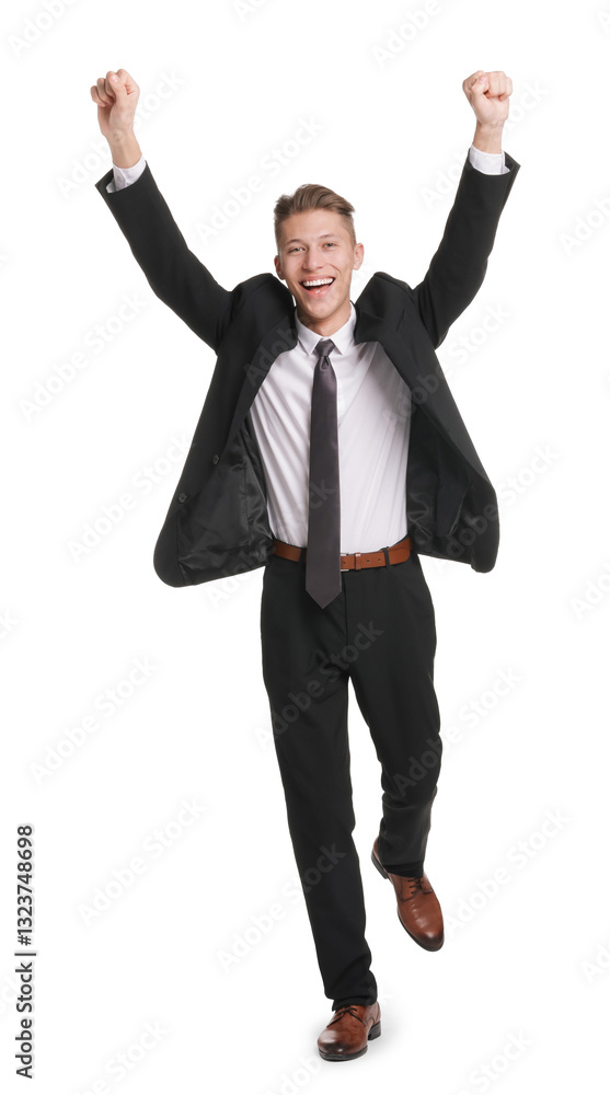Business competition. Happy man running on white background Business competition. Happy man running on white background