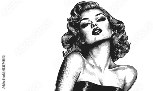 Glamorous vintage woman portrait in black and white, linear icons set, vector.