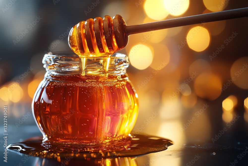 Glowing honey strand stretching from a honey dipper to a glass jar Glowing honey strand stretching from a honey dipper to a glass jar