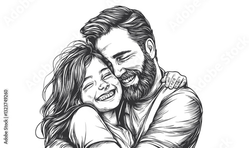 Happy family hugging duo, father and daughter embrace in linear style, icons set, vector.