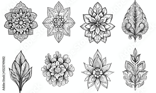 Ornate flower and leaf icons set in linear style – vector.