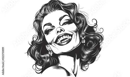Smiling woman with retro hairstyle in monochrome, flat style icons set, vector.