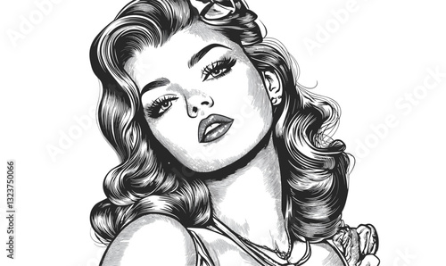 Vintage glamour portrait of a woman with pin-up style in linear icons set, vector.