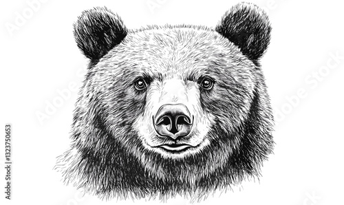 Detailed bear face sketch in black and white, wildlife art, vector, linear icon set.