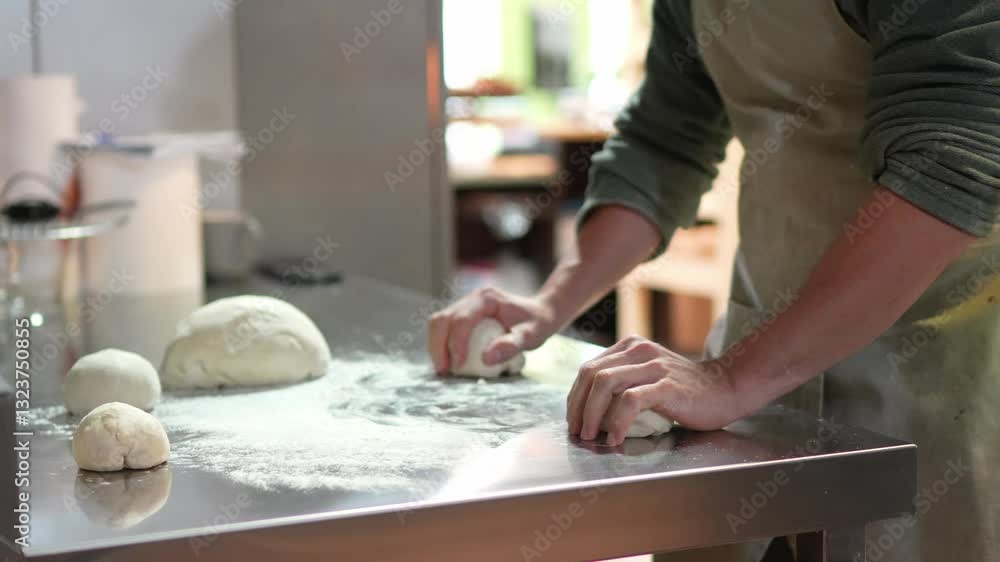 Baker skillfully kneading and shaping dough for bread or pastries on a stainless steel table in a bakery Baker skillfully kneading and shaping dough for bread or pastries on a stainless steel table in a bakery