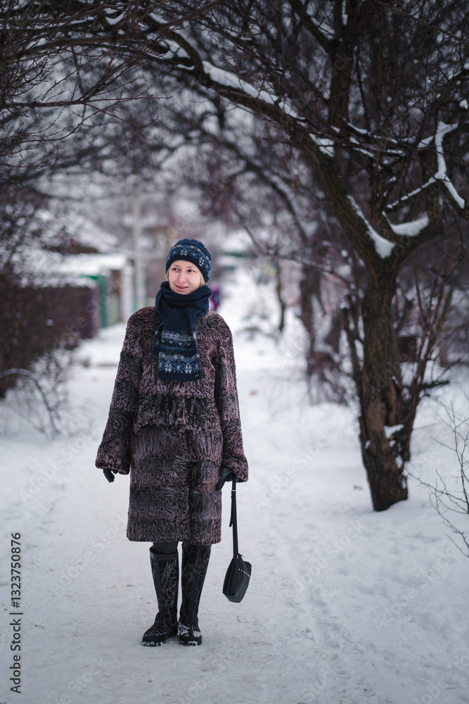 A woman in a karakul fur coat walks along a snow-covered path, surrounded by deep snowdrifts that blanket everything in sight. A woman in a karakul fur coat walks along a snow-covered path, surrounded by deep snowdrifts that blanket everything in sight.
