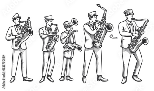 Jazz musicians playing instruments illustration, linear icons set, vector.
