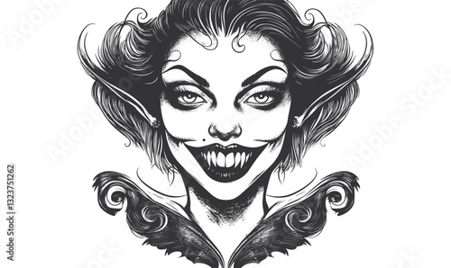 Grinning vampire woman portrait vector, linear style, icons set.