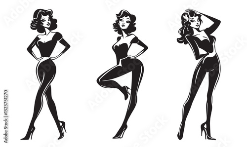 Retro pin-up women posing in elegant outfits, vector black and white, flat icons set.