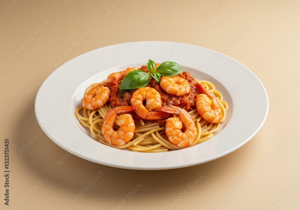 A white ceramic plate filled with spaghetti in a rich tomato sauce topped with plump juicy shrimp A white ceramic plate filled with spaghetti in a rich tomato sauce topped with plump juicy shrimp