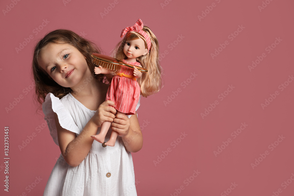 Cute little girl with doll and brush on pink background. Space for text Cute little girl with doll and brush on pink background. Space for text