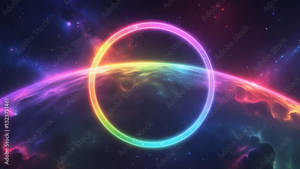 Fototapeta premium Rainbow Laser Circle Art: Stunning Glitch Effect in Outer Space