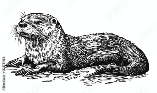 Otter lying on ground: detailed black and white animal art, linear icons set, vector.