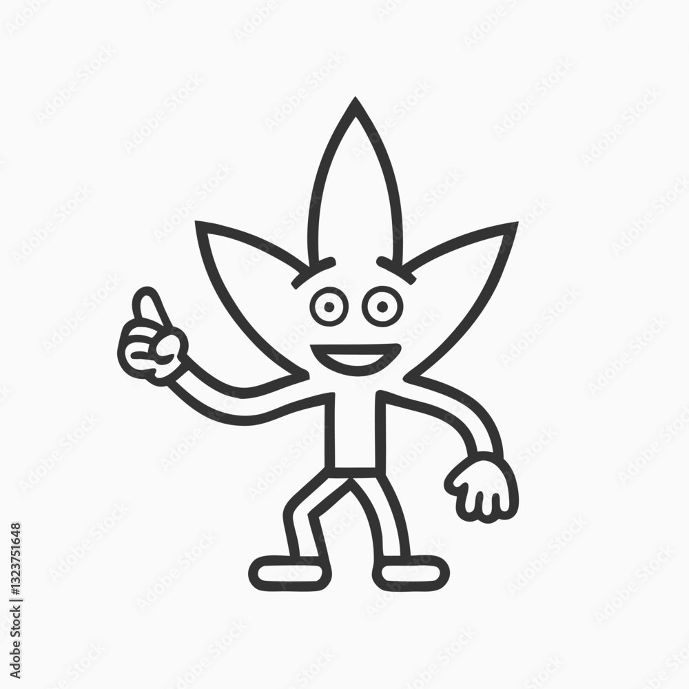 Fototapeta premium Cannabis leaf cartoon character sitting on his feet smoking joint. Retro ganja with face mascot concept vector illustration