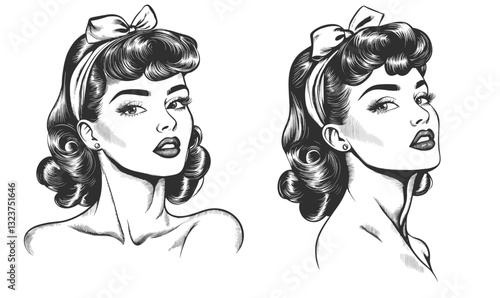 Retro pin-up woman portraits with headscarf, linear style icons set, vector.