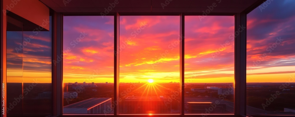 Fototapeta premium A stunning sunrise viewed through large glass window panes