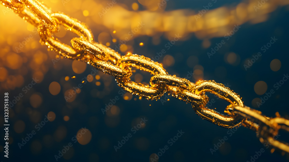 Fototapeta premium Golden chain links sparkle in abstract composition underwater environment close up