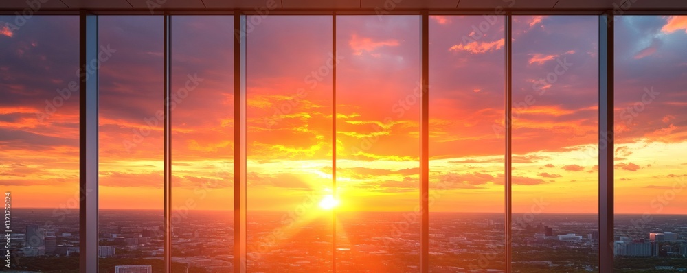 Fototapeta premium Majestic cityscape view showcasing a brilliant sunset through large windows