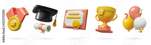 Graduation awards 3d icons including trophy cup, student hat, medal with a star, education diploma, flying balloons and confetti. Vector illustration