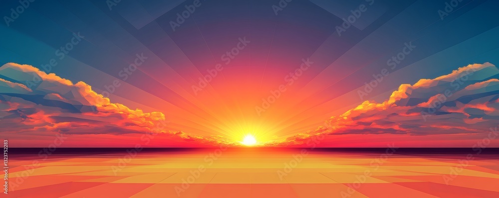 Fototapeta premium A vibrant and stylized sunset over a calm geometric horizon