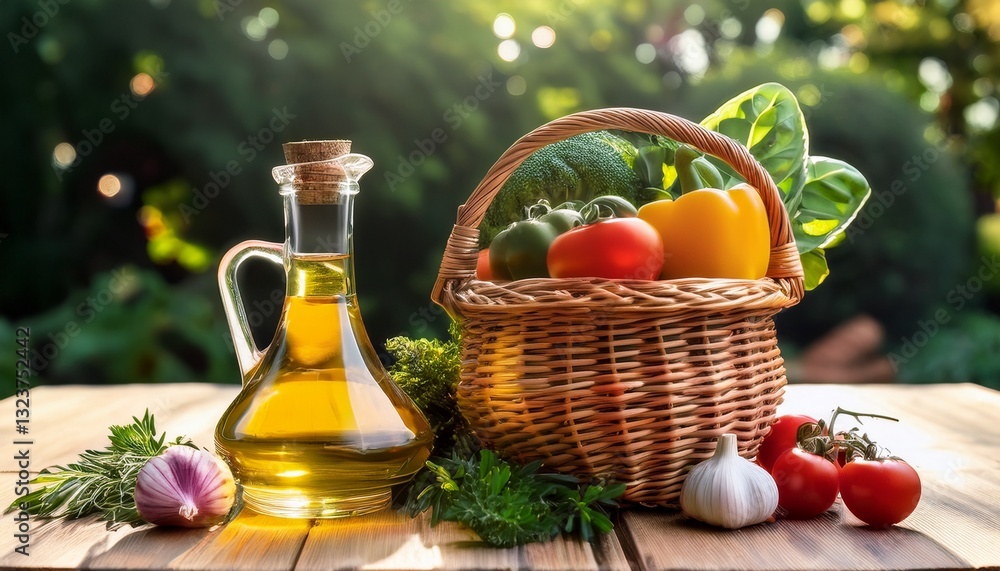 An eco-friendly oil jar next to baskets full of organic vegetables and fresh herbs, showcasing a wholesome and natural lifestyle An eco-friendly oil jar next to baskets full of organic vegetables and fresh herbs, showcasing a wholesome and natural lifestyle