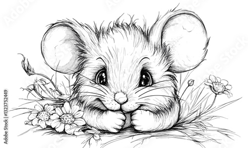 Cute fluffy mouse with flowers - flat animal icon set - vector.