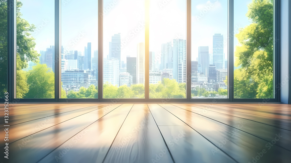 Indoor space with wooden floor and city view