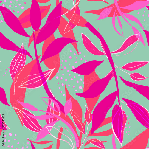 seamless pattern with pink leaves on mint background 