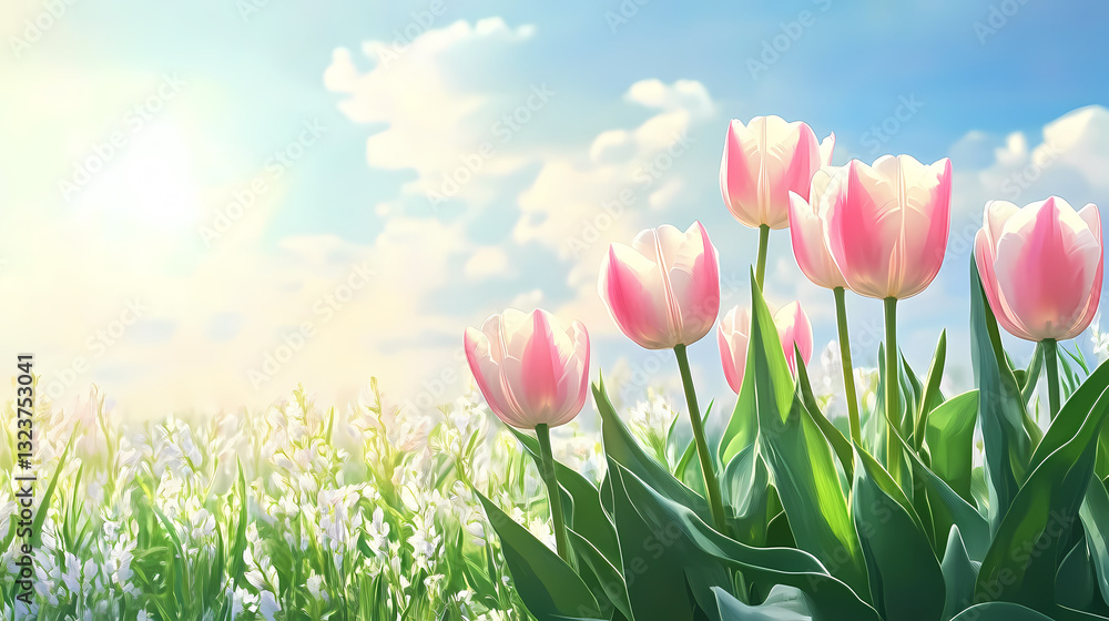 Spring tulips with a bright sky background