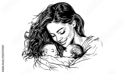 Mother holding twins, love and care, flat icons set vector.