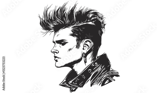 Punk rocker portrait with spiked hair and leather jacket, linear icons set, vector.