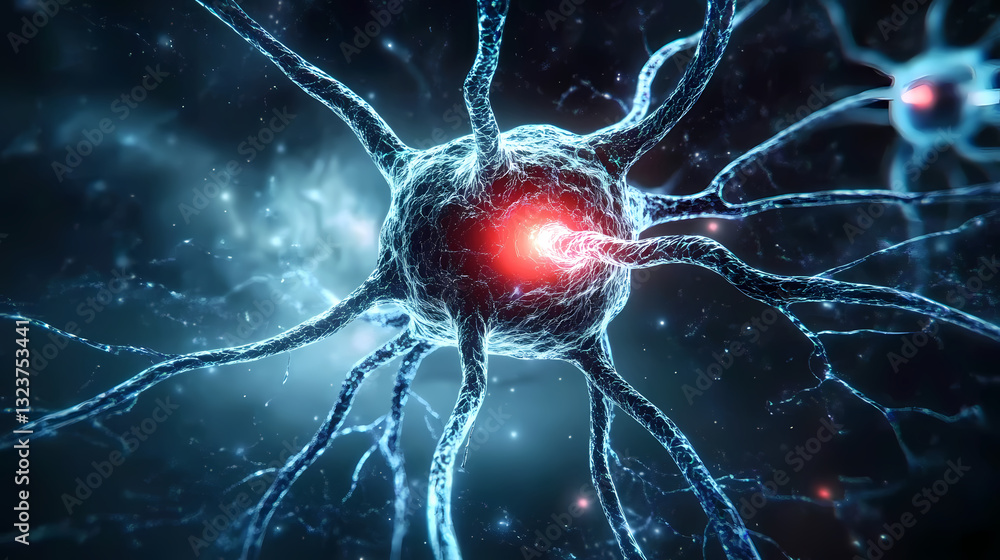 3D rendered neuron network with red glowing center